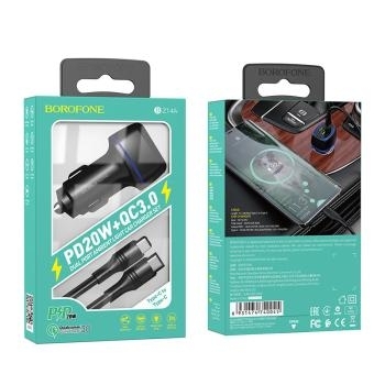 Ładowarka samochodowa USB + Typ C Borofone BZ14A Mercury QC 3.0 PD 20W 3A + Kabel USB Typ C na Lightning Czarny - 148947