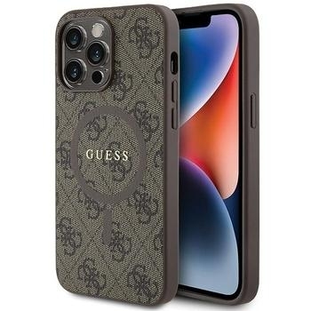 Markowy Hard Case Guess 4G Collection Leather Metal Logo MagSafe Apple iPhone 15 Pro Brązowy - 201860