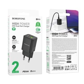 Ładowarka sieciowa USB + Typ C Borofone BN14 Royal GaN QC 3.0 PD 30W Czarny - 165413
