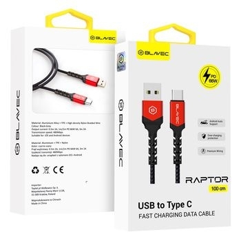 Kabel pleciony USB Typ C Blavec Raptor PD 66W 6A 1m Czarny/Czerwony - 168914