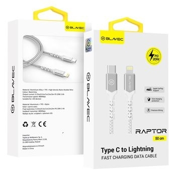 Kabel pleciony Typ C na Lightning Raptor Blavec PD 20W 2,4A 0,5m Biały/Srebrny - 170966