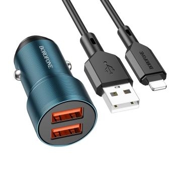 Ładowarka samochodowa 2xUSB Borofone BZ19 Wisdom 12W + Kabel iPhone Lightning Niebieski - 173951