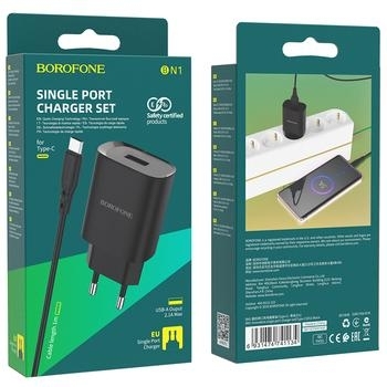 Ładowarka sieciowa USB Borofone BN1 Innovative 2,1A + Kabel USB Typ C Czarny