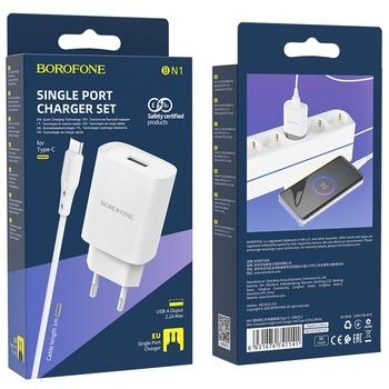 Ładowarka sieciowa USB Borofone BN1 Innovative 2,1A +  Kabel USB Typ C Biały
