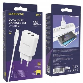 Ładowarka sieciowa 2xUSB Borofone BN2 Super 2,1A + Kabel USB Typ C Biały