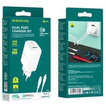 Ładowarka sieciowa Borofone BN3 Premium - Typ C - QC 3.0 PD 2.0 20W + Kabel Typ C na Lightning Biały