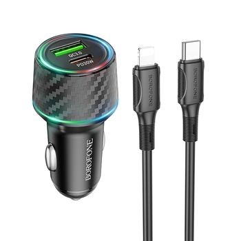 Ładowarka samochodowa USB + Typ C Borofone BZ21 Brilliant QC 3.0 PD 48W + Kabel Typ C na Lightning Czarny