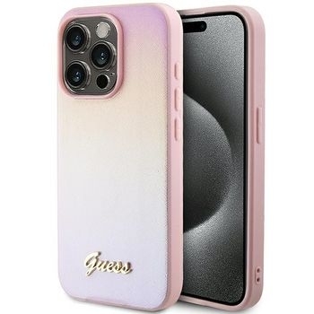 Markowy Hard Case Guess Saffiano Iridescent Script Apple iPhone 15 Pro Różowy