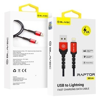Kabel pleciony iPhone Lightning Blavec Raptor 2A 3m Czarny/Czerwony