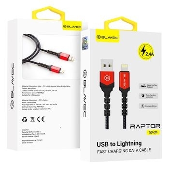 Kabel pleciony iPhone Lightning Blavec Raptor 2,4A 0,5m Czarny/Czerwony