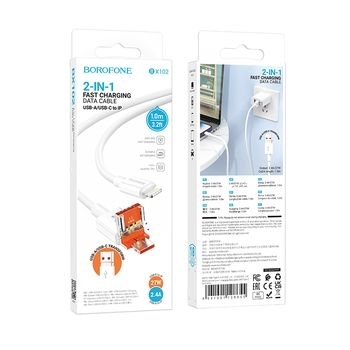 Kabel 2w1 USB + Typ C na Lightning Borofone BX102 Winner PD 27W 1m Biały