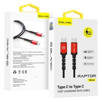 Kabel pleciony Typ C na Typ C Blavec Raptor PD 60W 3A 1m Czarny/Czerwony