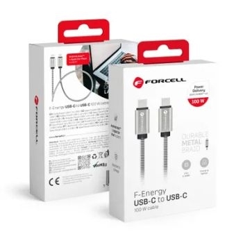 Kabel Typ C do Typ C Forcell F-Energy Metal C239 PD QC4.0 5A 100W E-Mark 1m Srebrny