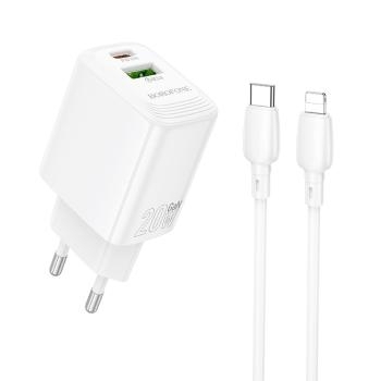 Ładowarka sieciowa USB + Typ C Borofone BN27 Fuente QC 3.0 PD 20W + Kabel Typ C na iPhone Lightning Biały