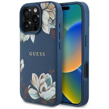 Markowy Hard Case Guess PU Grained Flowers Classic Logo Apple iPhone 16 Pro Max Niebieski
