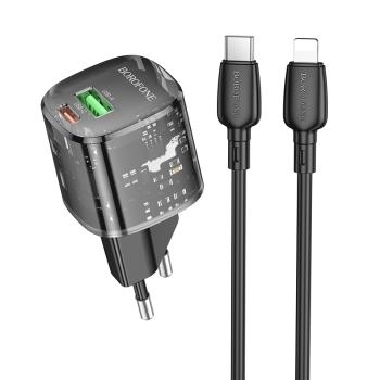 Ładowarka sieciowa USB + Typ C Borofone BN17 Sunlight QC 3.0 PD 20W 3A + Kabel Typ C na Lightning Czarny