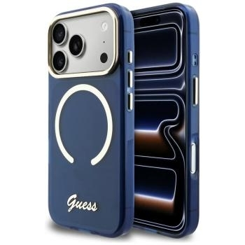 Markowy Hard Case Guess IML Script Metal MagSafe Apple iPhone 17 Pro Niebieski