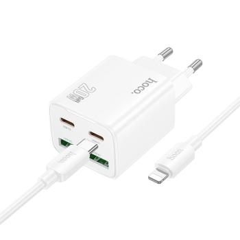 Ładowarka Sieciowa 2xTyp C + 2xUSB A Hoco QC3.0 PD 3A 20W + Kabel Typ C do Lightning N55 Biały