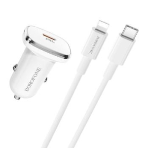 Ładowarka samochodowa USB Typ C - PD Borofone BZ12B Lasting Power QC 3.0 18W 3A + Kabel USB Typ C na Lightning Biały - 147800