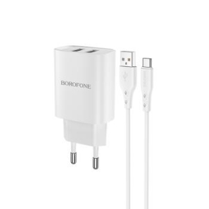 Ładowarka sieciowa 2xUSB Borofone BN2 Super 2,1A + Kabel USB Typ C Biały - 148313