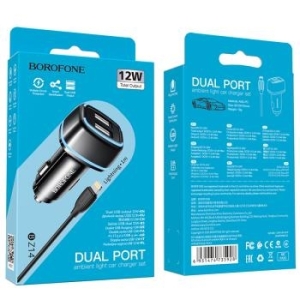 Ładowarka Samochodowa 2xUSB Borofone BZ14 Max 2,4A + Kabel iPhone Lightning Czarny - 149944