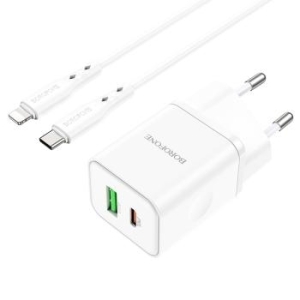 Ładowarka sieciowa USB + Typ C Borofone BN7 QC 3.0 PD 20W + Kabel iPhone Lightning Biały - 150188