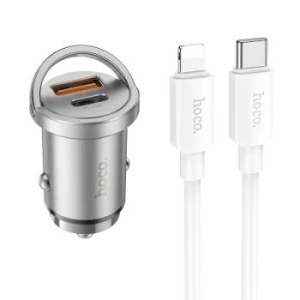 Ładowarka Samochodowa 2 x USB Hoco Handy NZ10 QC3.0 18W + Typ C PD 45W + Kabel Typ C do iPhone Lightning Srebrny - 159566