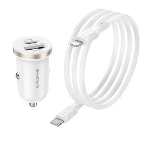 Ładowarka samochodowa USB + Typ C Borofone BZ22 Scenery QC 3.0 PD 30W + Kabel Typ C na Lightning Biały - 160615