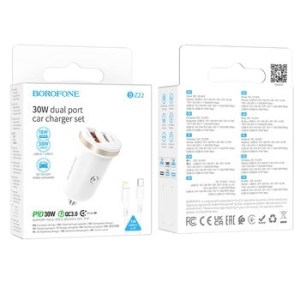Ładowarka samochodowa USB + Typ C Borofone BZ22 Scenery QC 3.0 PD 30W + Kabel Typ C na Lightning Biały - 160617