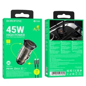 Ładowarka samochodowa 2xTyp C Borofone BZ26B Discovery PD 45W 3A + Kabel Typ C na Lightning Przezroczysty/Czarny - 162653