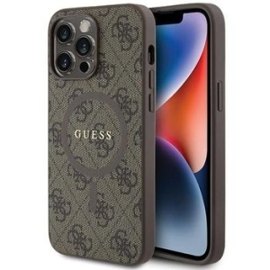 Markowy Hard Case Guess 4G Collection Leather Metal Logo MagSafe Apple iPhone 15 Pro Brązowy - 201860