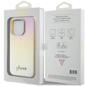 Markowy Hard Case Guess Saffiano Iridescent Script Apple iPhone 14 Pro Złoty - 201891