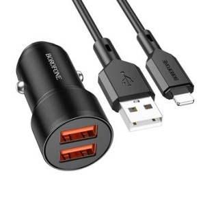 Ładowarka samochodowa 2xUSB Borofone BZ19 Wisdom 12W + Kabel iPhone Lightning Czarny - 166928