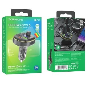 Transmiter FM Borofone BC47 Might MP3, Bluetooth - 2xUSB + Typ C - QC 3.0 18W PD 30W Szary - 167600