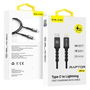 Kabel pleciony Typ C na Lightning Blavec Raptor PD 20W 2,4A 2m Czarny/Szary - 169644