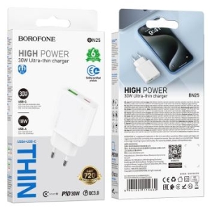 Ładowarka sieciowa USB + Typ C Borofone BN25 Wish (Ultra Thin) PD QC 3.0 30W Biały - 171609