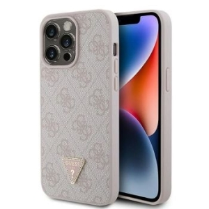 Markowy Hard Case Guess PU Leather 4G Triangle Strass Apple iPhone 15 Pro Max Różowy - 201751