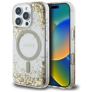Markowy Hard Case Guess Resin Bottom Glitter Apple iPhone 16 Pro Max Złoty - 176553