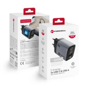 Ładowarka sieciowa z wyświetlaczem LCD 2xTyp C + USB A PD QC4.0 SAM SFC2.0 3,45A 70W Forcell F-Energy GaN III VT-37 Szary - 176705
