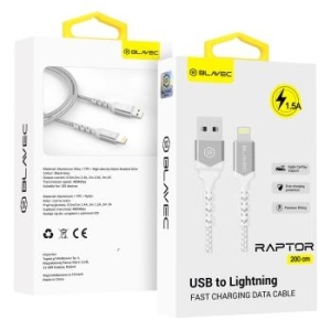 Kabel pleciony iPhone Lightning Blavec Raptor 2,4A 1metr Apple CarPlay Biały/Srebrny - 177241