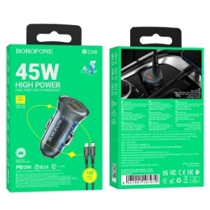 Ładowarka samochodowa 2xTyp C Borofone BZ26B Discovery PD 45W 3A + Kabel Typ C na Lightning Przezroczysty/Niebieski - 178070