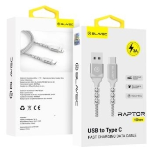 Kabel pleciony USB Typ C Blavec Raptor 3A 1m Apple CarPlay/Android Auto Biały/Srebrny - 178099