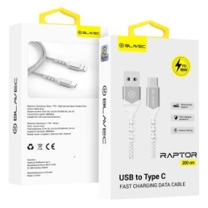 Kabel pleciony USB Typ C Blavec Raptor PD 66W 6A 2m Apple CarPlay/Android Auto Biały/Srebrny - 178161