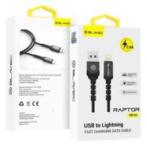 Kabel pleciony iPhone Lightning Blavec Raptor 2,4A 1m Apple CarPlay Czarny/Szary - 206987