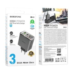 Ładowarka sieciowa 2xTyp C + USB Borofone BN22 Lena GaN QC 3.0 PD 65W Szary - 178913