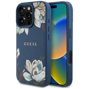 Markowy Hard Case Guess PU Grained Flowers Classic Logo Apple iPhone 16 Pro Max Niebieski - 179213