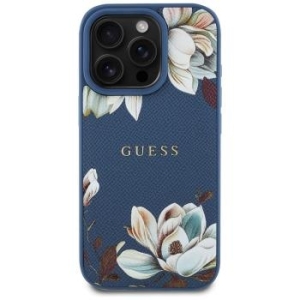 Markowy Hard Case Guess PU Grained Flowers Classic Logo Apple iPhone 16 Pro Max Niebieski - 179214
