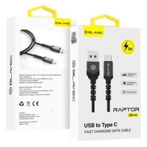 Kabel pleciony USB na Typ C Blavec Raptor 3A 2m Apple CarPlay/Android Auto Czarny/Szary - 180613