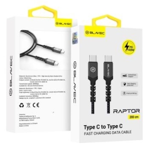 Kabel pleciony Typ C na Typ C Blavec Raptor PD 100W 5A 2m Apple CarPlay/Android Auto Czarny/Szary - 181652