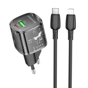 Ładowarka sieciowa USB + Typ C Borofone BN17 Sunlight QC 3.0 PD 20W 3A + Kabel Typ C na Lightning Czarny - 181653